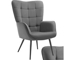 tectake® Oorfauteuil Hygge - Fauteuil in Scandinavische stijl - Teddy Bouclé Stoel - Stoel voor Woonkamer, Slaapkamer - Loungefauteuil - Zwart Metalen poten - Draagvermogen tot 150 kg - Grijs