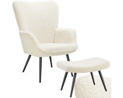 tectake® Oorfauteuil Hygge - Met Hocker - Fauteuil in Scandinavische stijl - Teddy Bouclé Stoel - Stoel voor Woonkamer, Slaapkamer - Loungefauteuil - Goud Metalen poten - Draagvermogen tot 150 kg - Crème