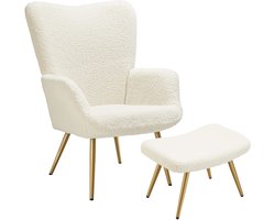 tectake® Oorfauteuil met Hocker – Scandinavische Teddy Bouclé Fauteuil – Lounge- en Woonkamerstoel – Goud Metalen Poten – Draagvermogen 150kg – Crème