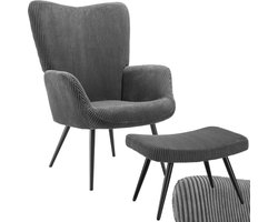 tectake® Oorfauteuil met Hocker – Scandinavische Teddy Bouclé Fauteuil – Lounge- en Woonkamerstoel – Zwart Metalen Poten – Draagvermogen 150kg – Corduroy - Grijs
