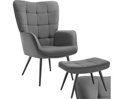 tectake® Oorfauteuil met Hocker – Scandinavische Teddy Bouclé Fauteuil – Lounge- en Woonkamerstoel – Zwart Metalen Poten – Draagvermogen 150kg – Grijs