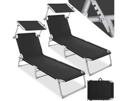 tectake® Opklapbaar ligbed met verstelbare rugleuning en zonnedakje - Set van 2 - Strandligstoelen met zonnekap - Voor balkon, terras of tuin - Belastbaar tot 110 kg - Verkrijgbaar in verschillende kleuren - Zwart