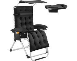 tectake® Opvouwbare Ligstoel Cloud met Zonnescherm - Tuinstoel met Tafeltje - Bekerhouder - Traploos Verstelbaar - Voor Balkon, Camping of Tuin - Relaxstoel met extra dik Kussen - Strandstoel - Ligbed - Div. kleuren - Zwart