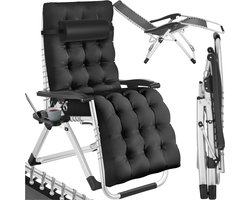 tectake® Opvouwbare Ligstoel Cloud - Tuinstoel met Tafeltje - Bekerhouder - Traploos Verstelbaar - Voor Balkon, Camping of Tuin - Relaxstoel met extra dik Kussen - Strandstoel - Ligbed - Div. kleuren - Zwart