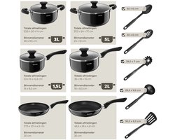tectake® Pannenset 15-delig - 4 Kookpannen - 2 Steelpannen - Koekenpannen - Aluminium Anti-aanbak Pannen - Glazen Deksels met Stoomafvoer - Inclusief Kookgerei - Zwart