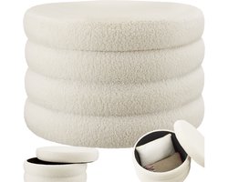 tectake® Poef Altu XL – Bouclé Zithocker met Opbergruimte – Crèmewit, Ø 67 x 42 cm – Stevig MDF-frame – Max. 150 kg