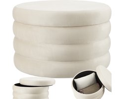 tectake® Poef Altu XL – Fluweellook Zithocker met Opbergruimte – Cremewit, Ø 67 x 42 cm – Stevig MDF-frame – Max. 150 kg