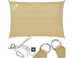 tectake® Rechthoekig Schaduwdoek Sunny - 3 x 4 m - Extra Stevig 185 g/m² HDPE Zonwering Doek - 50+ UV Bescherming - Weerbestendig en Scheurbestendig - Zonnescherm voor Tuin, Balkon, Terras - Zonnedoek inclusief Montagemateriaal - Zandkleur