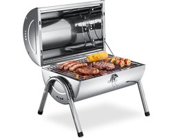 tectake® Roestvrijstalen Barbecue - Cilinder BBQ met Dubbel Grilloppervlak en 2 Houtskool Bakken - Ventilatieopeningen aan de Zijkant - Weerbestendig - Hittebestendige Draaggrepen - Ideaal voor op Tafel, de Camping en om mee te nemen