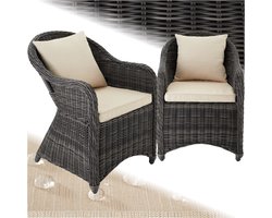 tectake® Rotan Stoelen - set van 2 – Weerbestendige Tuinstoel met Rug- en Zitkussens – Buitenstoel van Riet voor Tuin, Balkon en Serre – Grijs