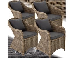 tectake® Rotan Stoelen - set van 4 – Weerbestendige Tuinstoel met Rug- en Zitkussens – Buitenstoel van Riet voor Tuin, Balkon en Serre – Naturel