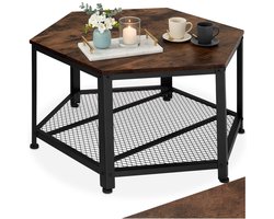 tectake® Salontafel met roosterplank - 6-hoekige tafel - Woonkamertafel met opbergruimte - Industrieel design - Zwart metalen frame - Afmeting (LxBxH) 86,5 x 75 x 46,5 cm - Donkerbruin