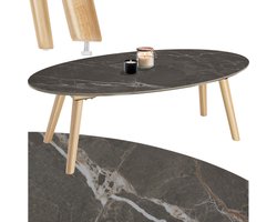 tectake® Salontafel | Woonkamertafel, Ovale Salontafel met Houten Poten | Marmerlook | Weerbestendige Bijzettafel voor Woonkamer, Terras, Tuin of Balkon - naturel