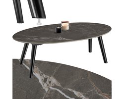 tectake® - Salontafel - Woonkamertafel, ovale tafel met houten poten - Marmerlook - Weerbestendige bijzettafel binnen of buiten - Voor terras of balkon - Zwart