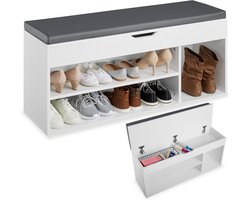 tectake® Schoenenbank met zitje - 3 open vakken en een opklapbaar vak met zitkussen - Schoenenrek met opbergruimte - Hout - Afmeting (LxBxH) 104 x 30 x 49 cm - Wit