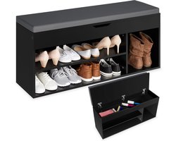 tectake® Schoenenbank met zitje - 3 open vakken en een opklapbaar vak met zitkussen - Schoenenrek met opbergruimte - Hout - Afmeting (LxBxH) 104 x 30 x 49 cm - Zwart