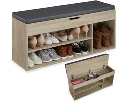 tectake® Schoenenbank met zitje - 3 open vakken en een opklapbaar vak met zitkussen - Schoenenrek met opbergruimte - Hout - Afmeting (LxBxH) 104 x 30 x 49 cm - Lichtbruin