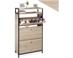 tectake® - Schoenenkast met 3 vakken - Houten schoenenrek met 3 vakken - Schoenenkantelaar met extra vak - Industrieel design - Zwart metalen frame - Afmeting (LxBxH) 61 x 30 x 130 cm - Lichtbruin