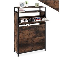 tectake® - Schoenenkast met 3 vakken - Houten schoenenrek met 3 vakken - Schoenenkantelaar met extra vak - Industrieel design - Zwart metalen frame - Afmeting (LxBxH) 81 x 30 x 130 cm - Donkerbruin