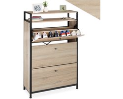 tectake® - Schoenenkast met 3 vakken - Houten schoenenrek met 3 vakken - Schoenenkantelaar met extra vak - Industrieel design - Zwart metalen frame - Afmeting (LxBxH) 81 x 30 x 130 cm - Lichtbruin