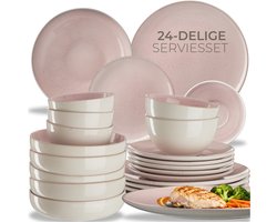 tectake® Serviesset Mare - 24-delig - Aardewerk met Glanzend Glazuur - 6 Persoons - Handgemaakt Servies - Moderne Bordenset met Grote en Kleine Borden, Kommen, Schaaltjes - Vaatwasser- en Magnetronbestendig - Roze