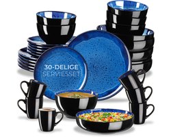 tectake® Serviesset Mare - 30-delig - Aardewerk met Glanzend Glazuur - 6 Persoons - Handgemaakt Servies - Moderne Bordenset met Grote en Kleine Borden, Kommen, Schaaltjes en Kopjes - Vaatwasser- en Magnetronbestendig - Zwart - Blauw