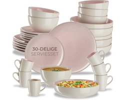 tectake® Serviesset Mare - 30-delig - Aardewerk met Glanzend Glazuur - 6 Persoons - Handgemaakt Servies - Moderne Bordenset met Grote en Kleine Borden, Kommen, Schaaltjes en Kopjes - Vaatwasser- en Magnetronbestendig - Roze