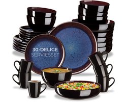 tectake® Serviesset Mare - 30-delig - Aardewerk met Glanzend Glazuur - 6 Persoons - Handgemaakt Servies - Moderne Bordenset met Grote en Kleine Borden, Kommen, Schaaltjes en Kopjes - Vaatwasser- en Magnetronbestendig - Blauw - Bruin
