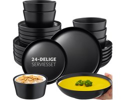 tectake® Serviesset Una - 24-delig - Aardewerk 6 personen - Stijlvol, duurzaam en ideaal voor dagelijks gebruik of feestelijke gelegenheden - Grote en kleine borden, kommen/schaaltjes - mat zwart