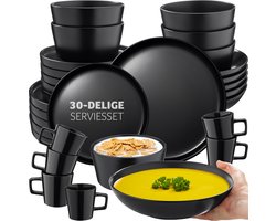 tectake® Serviesset Una - 30-delig - Aardewerk - 6 Persoons - Stijlvol en Duurzaam Servies - Bordenset met Grote en Kleine Borden, Kommen, Schaaltjes - Kopjes - Mat Zwart