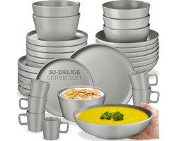 tectake® Serviesset Una - 30-delig - Aardewerk - 6 Persoons - Stijlvol en Duurzaam Servies - Bordenset met Grote en Kleine Borden, Kommen, Schaaltjes - Kopjes - Grijs