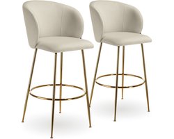 tectake® Set van 2 Barkrukken Luana - Gestoffeerde Barkruk met rugleuning - Barstoelen - Barstoel met voetensteun - Eetkamerstoel met fluwelen bekleding - Stevige stalen poten met antislip vloerbescherming - Crème/goud