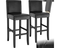 tectake® Set van 2 Barkrukken met Rugleuning - Gestoffeerde Barkruk - Zithoogte 76 cm - Stoelpoten van Massief Hout - Barstoel met Voetsteun - Kruk met Kunstleren Bekleding - Ergonomische Vorm - Barstoelen voor Keuken & Bar - Eetkamerstoelen - Zwart