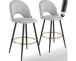 tectake® - Set van 2 Barkrukken Sachel - Gestoffeerde Barkruk met rugleuning - Barstoelen - Ergonomische Barstoel met voetensteun - Eetkamerstoel met fluweellook bekleding - Stevige stalen poten met antislip vloerbescherming - Lichtgrijs/Zwart