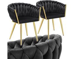 tectake® - Set van 2 Fluwelen eetkamerstoelen - Kuipstoel met armleuning in knooplook - Eetkamerstoel - Moderne eetkamerstoel voor woonkamer en eetkamer - Keukenstoel - Kaptafelstoel - Slaapkamerstoel - Diverse kleuren - Zwart/Goud