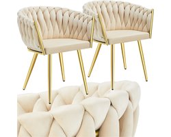 tectake® - Set van 2 Fluwelen eetkamerstoelen - Kuipstoel met armleuning in knooplook - Eetkamerstoel - Moderne eetkamerstoel voor woonkamer en eetkamer - Keukenstoel - Kaptafelstoel - Slaapkamerstoel - Diverse kleuren - Zandkleurig/Goud