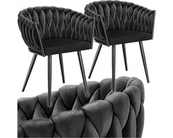 tectake® Set van 2 Fluwelen eetkamerstoelen - Kuipstoel met armleuning in knooplook - Eetkamerstoel - Moderne stoel voor woonkamer en eetkamer - Keukenstoel - Kaptafelstoel - Slaapkamerstoel - Diverse kleuren - Zwart