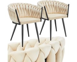 tectake® Set van 2 Fluwelen eetkamerstoelen - Kuipstoel met armleuning in knooplook - Eetkamerstoel - Moderne stoel voor woonkamer en eetkamer - Keukenstoel - Kaptafelstoel - Slaapkamerstoel - Diverse kleuren - Zandkleur