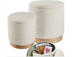 tectake® Set van 2 Krukken met Opbergruimte - Bouclé Teddy Stof Poef - Scandi - Gestoffeerde Kruk Rond - Krukje - Krukjes voor make-uptafel, slaapkamer, woonkamer - 2 maten (38 en 32cm)