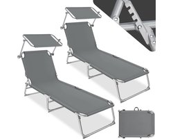 tectake® Set van 2 ligbedden - Tuin met Zonwering - Opklapbare Tuinligstoel, Balkon- of Terrasligstoel met Verstelbare Rugleuning - Strandligstoel met Zonnekap - Belastbaar tot 110 kg - Grijs
