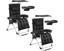 tectake® set van 2 Opvouwbare Ligstoelen Cloud met Zonnescherm - Tuinstoelen met Bijzettafels - Traploos Verstelbaar - Voor Balkon, Camping of Tuin - Relaxstoelen met extra dik Kussen - Strandstoelen - Ligbed - Div. kleuren - Zwart