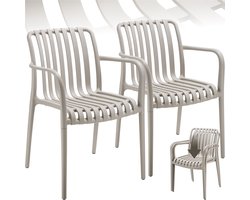 tectake® Set van 2 Tuinstoelen Alcudia - Taupe - Kunststof Stoelen met Armleuning - Tuinset voor om de Tuintafel of op de Camping Stapelbaar - Stoelen voor Tuin, Terras of Balkon - Weerbestendig en UV-bestendig - Draagkracht 120kg per Tuinstoel