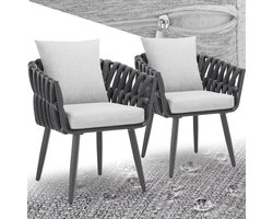 tectake® Set van 2 Tuinstoelen - Buiten Fauteuil in Rope Design - Tuinstoel met Armleuningen - Stoelen voor Buiten en Binnen - Loungestoel met Aluminium Frame - Incl. Dikke Kussens - Voor Tuin, Balkon - Terrasstoel - UV- en Weerbestendig - Antraciet