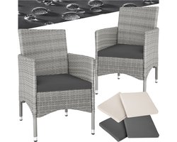 tectake® Set van 2 Tuinstoelen van Wicker | Tuinmeubelset met 2 Fauteuils | Rotan Buitenstoelen Inclusief Zitkussens en 2 Hoezensets | Roestvrijstalen Schroeven, Gemakkelijk Schoon te Maken - Lichtgrijs/Crème