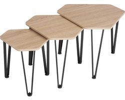 tectake® Set van 3 Bijzettafels – Zeshoekige Salontafel in 3 Maten, Industriële Stijl, Houten Bijzettafels Ruimtebesparend Stapelbaar, Zwart Metalen Frame – Licht Sonoma Eiken