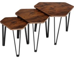 tectake® Set van 3 Bijzettafels – Zeshoekige Salontafel in 3 Maten, Industriële Stijl, Houten Bijzettafels Ruimtebesparend, Zwart Metalen Frame – Industrial Dark Brown