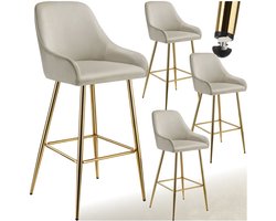 tectake® Set van 4 Barkrukken Avane - Gestoffeerde Barkruk met rugleuning - Barstoelen - Ergonomische Barstoel met voetensteun - Eetkamerstoel met fluweellook bekleding - Stevige stalen poten met antislip vloerbescherming - Crème/Goud