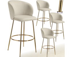 tectake® - Set van 4 Barkrukken Luana - Gestoffeerde Barkruk met rugleuning - Barstoelen - Barstoel met voetensteun - Eetkamerstoel met fluwelen bekleding - Stevige stalen poten met antislip vloerbescherming - Crème/goud