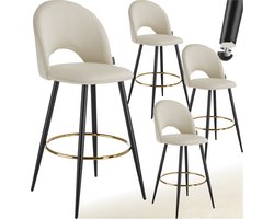 tectake® Set van 4 Barkrukken Sachel - Gestoffeerde Barkruk met rugleuning - Barstoelen - Ergonomische Barstoel met voetensteun - Eetkamerstoel met fluweellook bekleding - Stevige stalen poten met antislip vloerbescherming - Crème/Zwart