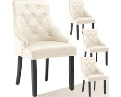 tectake® - Set van 4 eetkamerstoelen Everdeen - Fluweellook, gestikt - Met armleuningen - Massieve houten poten - Stoel voor de woonkamer, eetkamer, keuken - Grote rugleuning - Crème / zwart